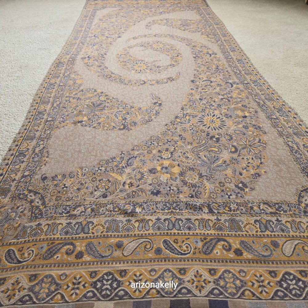 NWOT Cashmere Jacquard Lightweight Jamawar Shawl Scarf Yellow Blue - Picture 5 of 16